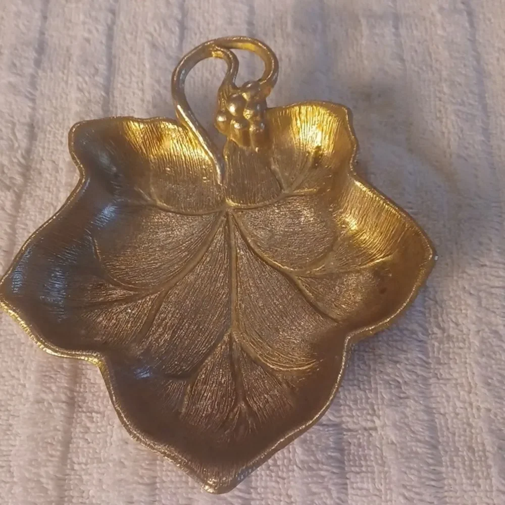 Brass Vase -Leaf Tray 80,Vintage Etched Floral Painted Group Of 2 One Price